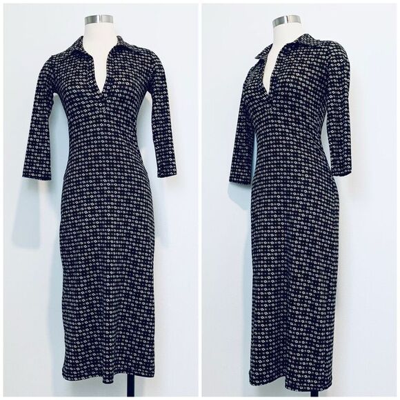 Vintage Tightrope Black Geometric Midi Dress Polo Shirt Y2K Small S - Picture 1 of 8